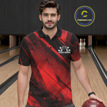 Load image into Gallery viewer, Man wearing a red and black bowling shirt with a logo on a bowling alley.