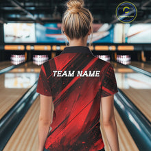 Load image into Gallery viewer, Person wearing a red and black bowling shirt with 'TEAM NAME' text in a bowling alley.
