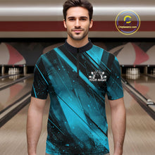 Load image into Gallery viewer, Man wearing a blue and black bowling shirt with a personalized design in a bowling alley.
