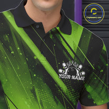 Load image into Gallery viewer, Green and black bowling shirt with a logo and 'Your Name' text, brand 'Chipleemz' visible.