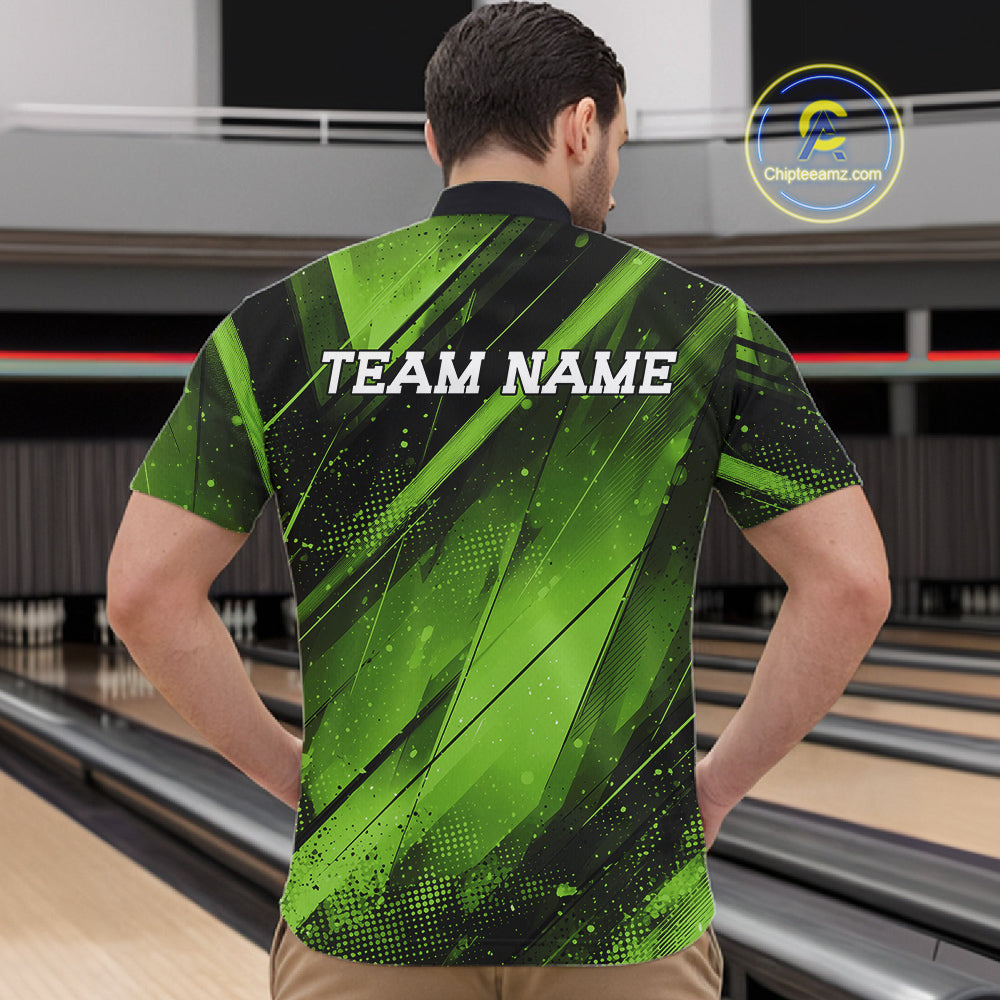 Person wearing a green and black bowling shirt with 'TEAM NAME' text in a bowling alley.