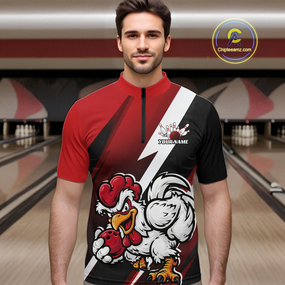 Custom Black And Red Funny Bold Confident Chicken Bowling Shirt For Men, Bowling Jerseys IPHW11622