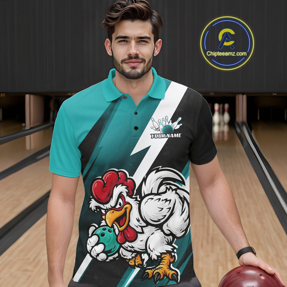 Custom Teal Blue Funny Bold Confident Chicken Bowling Shirt For Men, Bowling Jerseys IPHW11623