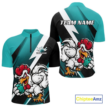 Custom Teal Blue Funny Bold Confident Chicken Bowling Shirt For Men, Bowling Jerseys IPHW11623