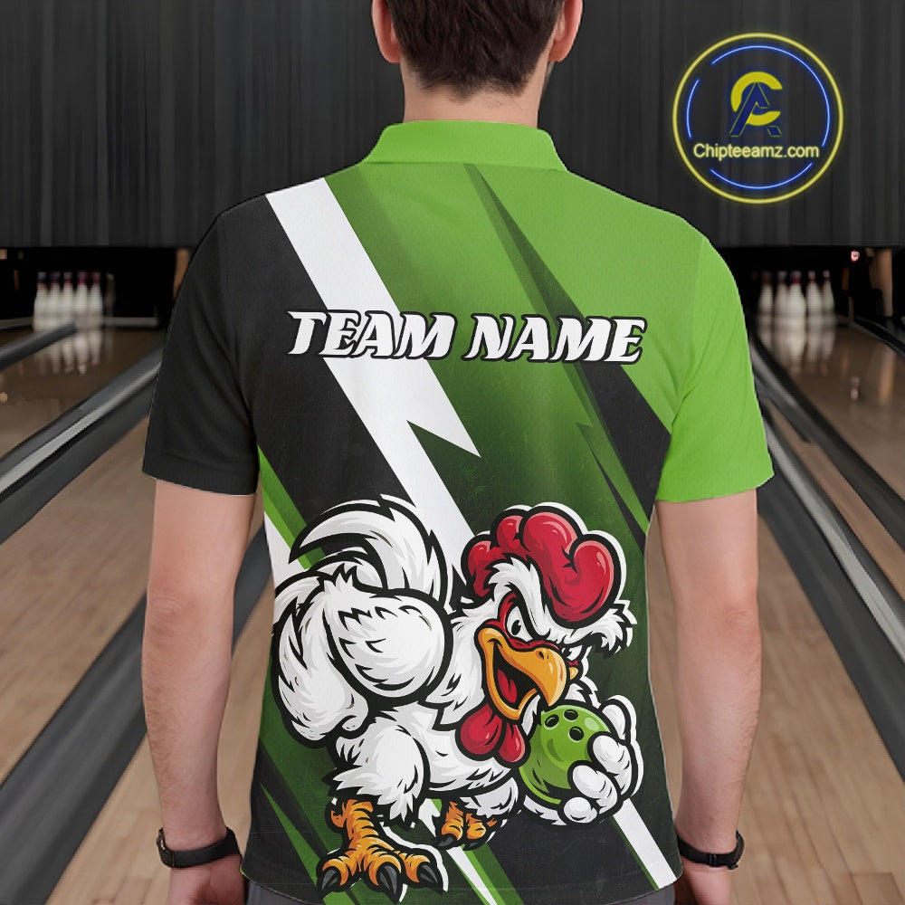 Custom Green Funny Bold Confident Chicken Bowling Shirt For Men, Bowling Jerseys IPHW11624