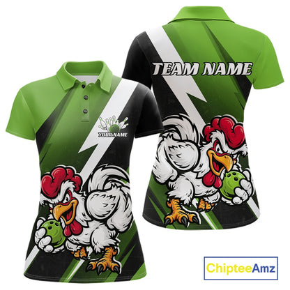 Custom Green Funny Bold Confident Chicken Bowling Shirt For Women, Bowling Jerseys IPHW11624