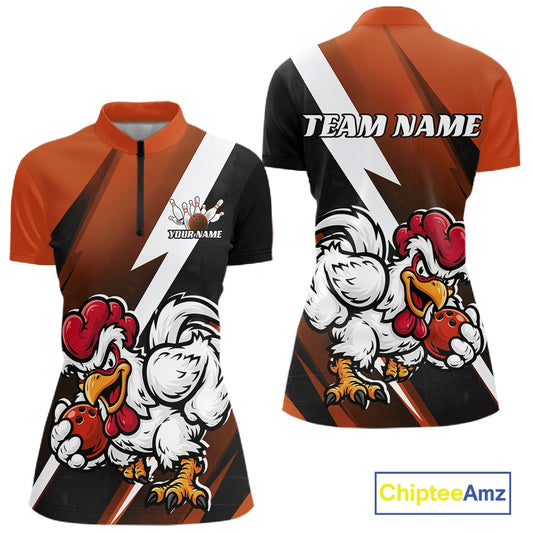 Custom Orange Funny Bold Confident Chicken Bowling Shirt For Women, Bowling Jerseys IPHW11625