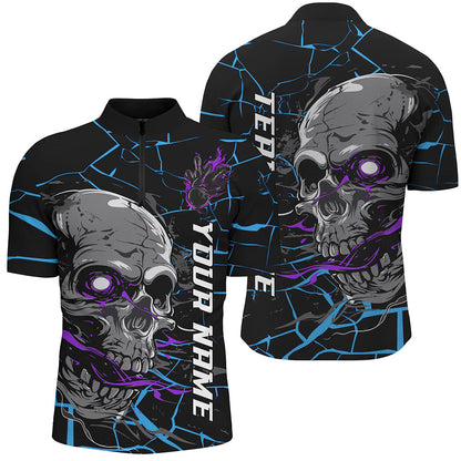 Custom Blue And Purple Halloween Skull Bowling Shirts For Men, Outfit Bowling For Team IPHW7095