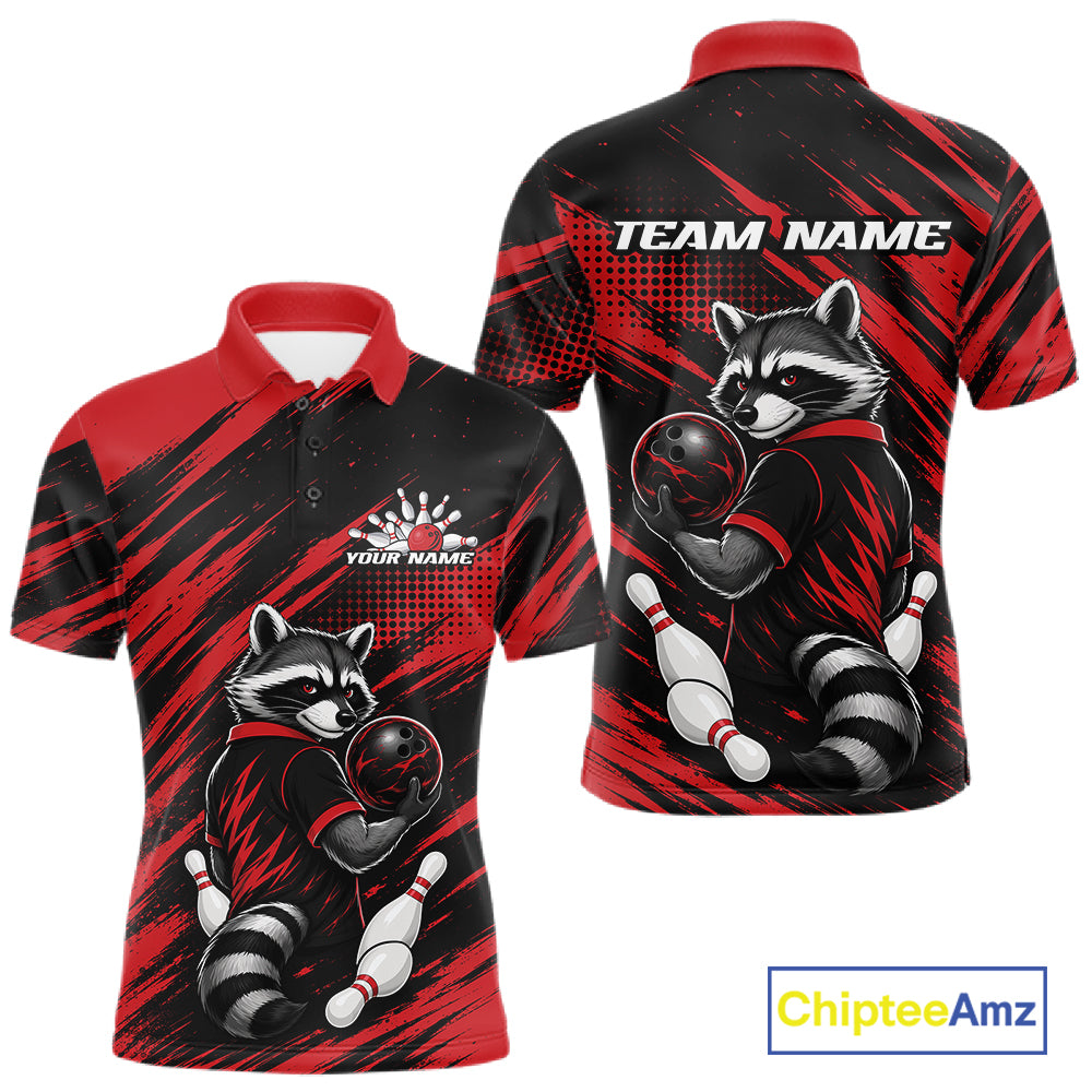 Personalized short-sleeve polo shirt shown from the front and back, featuring a raccoon bowling graphic on a black and red brush-stroke background, with customizable text areas reading TEAM NAME and YOUR NAME. A ChipteeAmz logo appears in the bottom right corner.