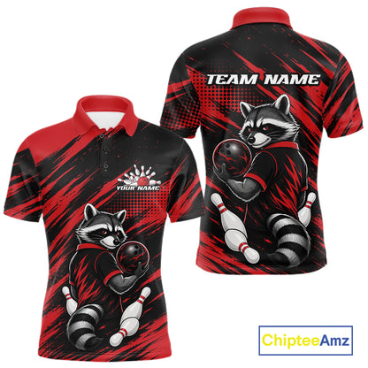 Personalized short-sleeve polo shirt shown from the front and back, featuring a raccoon bowling graphic on a black and red brush-stroke background, with customizable text areas reading TEAM NAME and YOUR NAME. A ChipteeAmz logo appears in the bottom right corner.