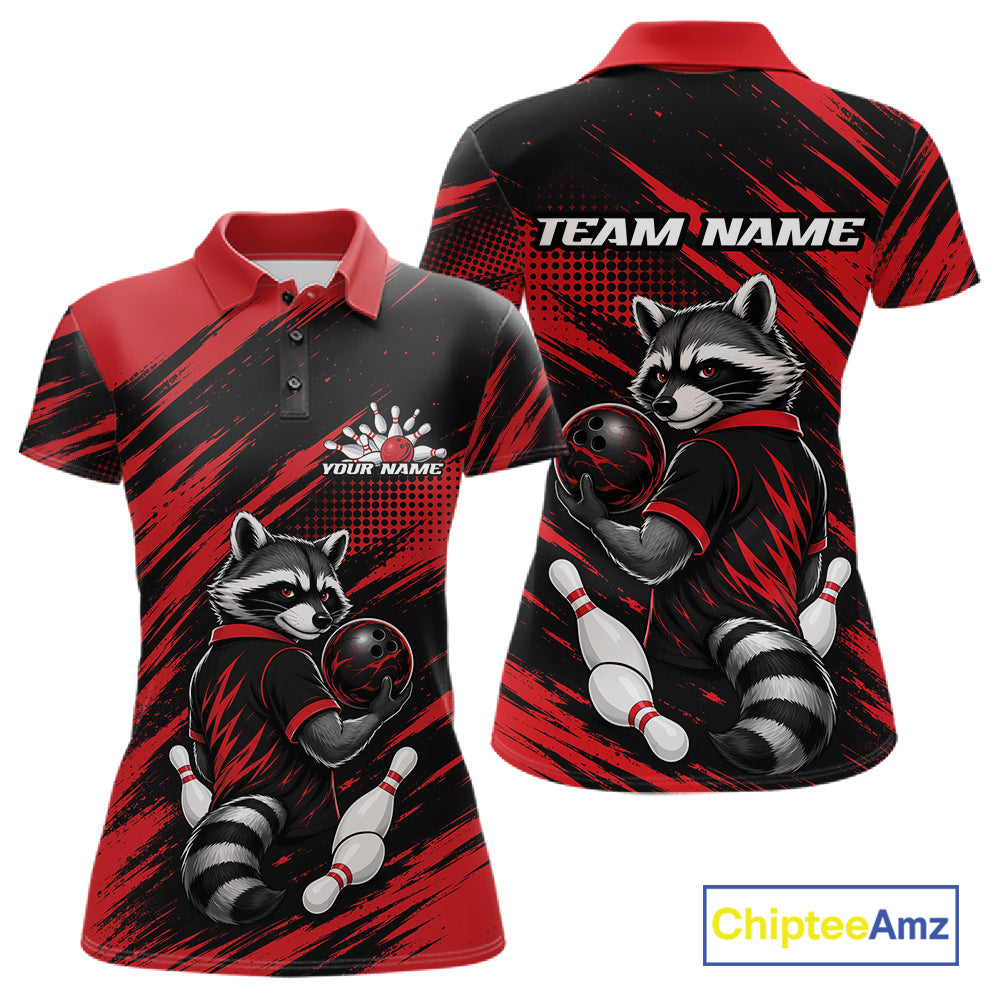 Custom short-sleeve polo shirt shown from the front and back, featuring a raccoon bowling graphic in red, black, and custom name text.