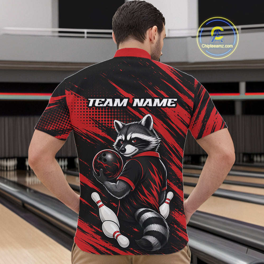 A man viewed from behind wearing a custom bowling quarter zip shirt. The shirt features a black and red brushstroke pattern with a cartoon raccoon holding a bowling ball and pins