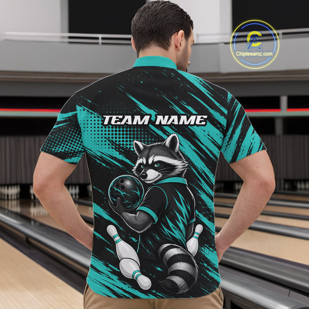 A man viewed from behind wearing a short-sleeve bowling-themed shirt with a raccoon graphic and the text 'TEAM NAME' on the back. The shirt has a black and teal design with bowling pins and ball details.