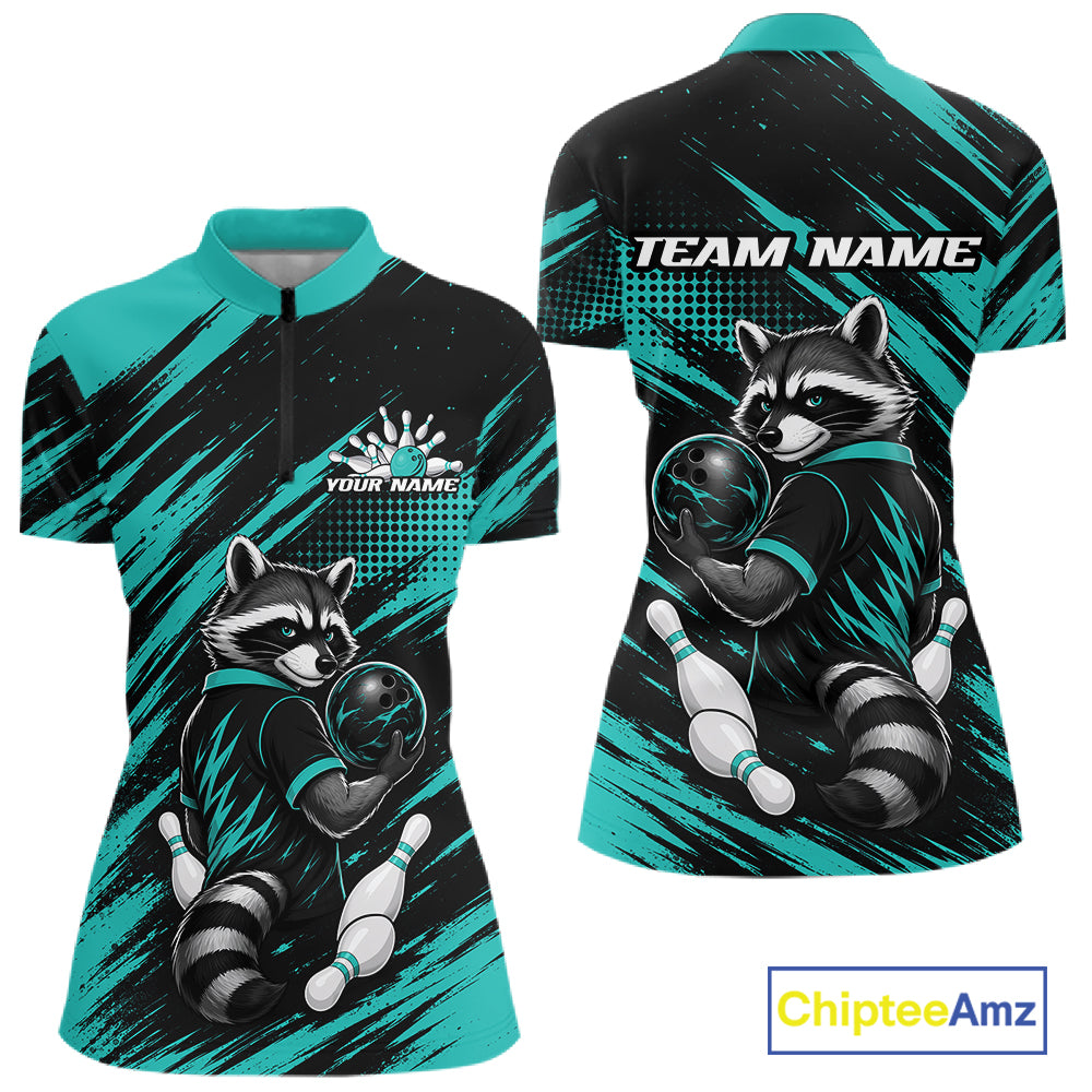 Front and back views of a women's short-sleeve quarter zip shirt with a raccoon bowling graphic, teal and black brushstroke pattern, and customizable text placeholders