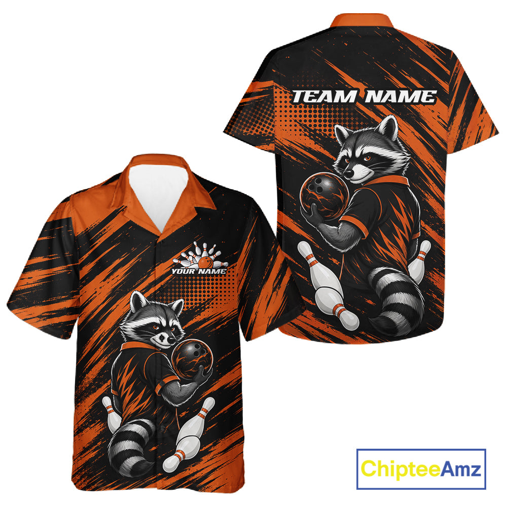 Front and back views of a short-sleeve bowling button up shirt with a raccoon graphic, orange and black brushstroke pattern, and customizable text placeholders, shown on a white background with a ChipteeAmz logo.