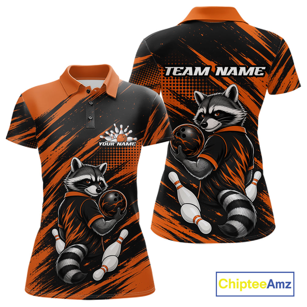 A womens short-sleeve polo shirt shown from the front and back, featuring a raccoon bowling graphic in orange, black, white, and gray. 