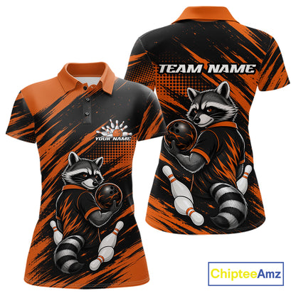 A womens short-sleeve polo shirt shown from the front and back, featuring a raccoon bowling graphic in orange, black, white, and gray. 