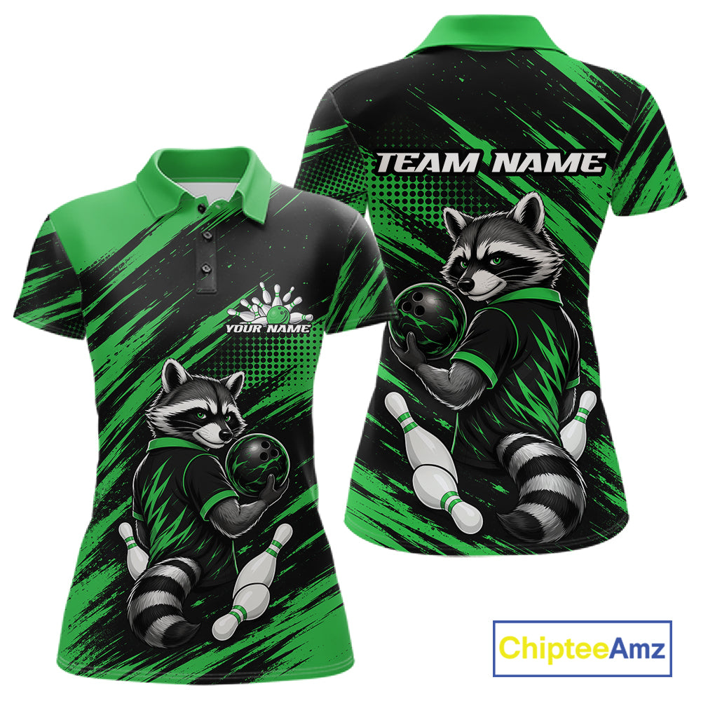 Custom womens short-sleeve polo shirt shown from front and back, featuring a raccoon bowling graphic in green, black, white, and gray, with customizable text areas on the chest and back.