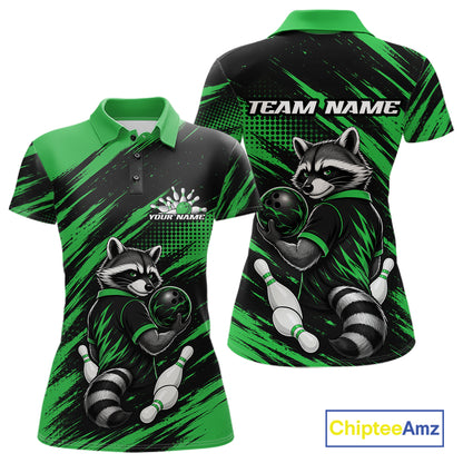 Custom womens short-sleeve polo shirt shown from front and back, featuring a raccoon bowling graphic in green, black, white, and gray, with customizable text areas on the chest and back.