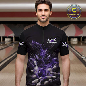Custom Purple Lightning Flame Dragons Bowling Men Quarter-Zip Shirt, Fire Dragon Bowling Jerseys IPHW9817