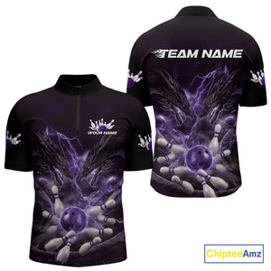 Custom Purple Lightning Flame Dragons Bowling Men Quarter-Zip Shirt, Fire Dragon Bowling Jerseys IPHW9817