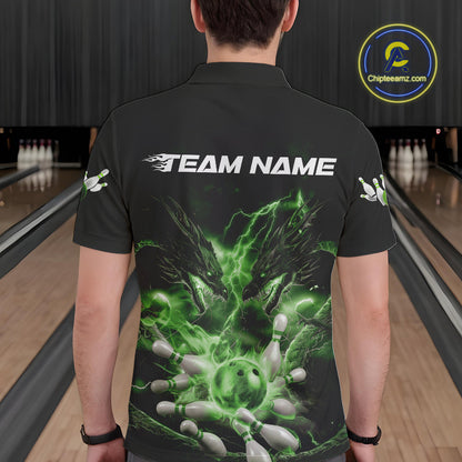 Custom Green Lightning Flame Dragons Bowling Men Polo Shirt, Fire Dragon Bowling Jerseys IPHW9819