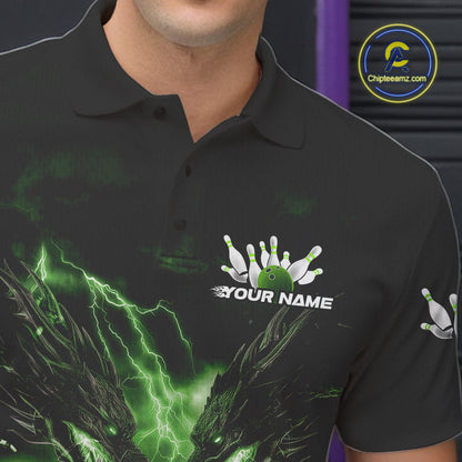 Custom Green Lightning Flame Dragons Bowling Men Polo Shirt, Fire Dragon Bowling Jerseys IPHW9819