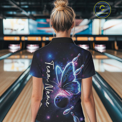 Custom Galaxy Butterfly Bowling Women Polo Shirts, Ladies Bowling Team Outfit IPHW10242