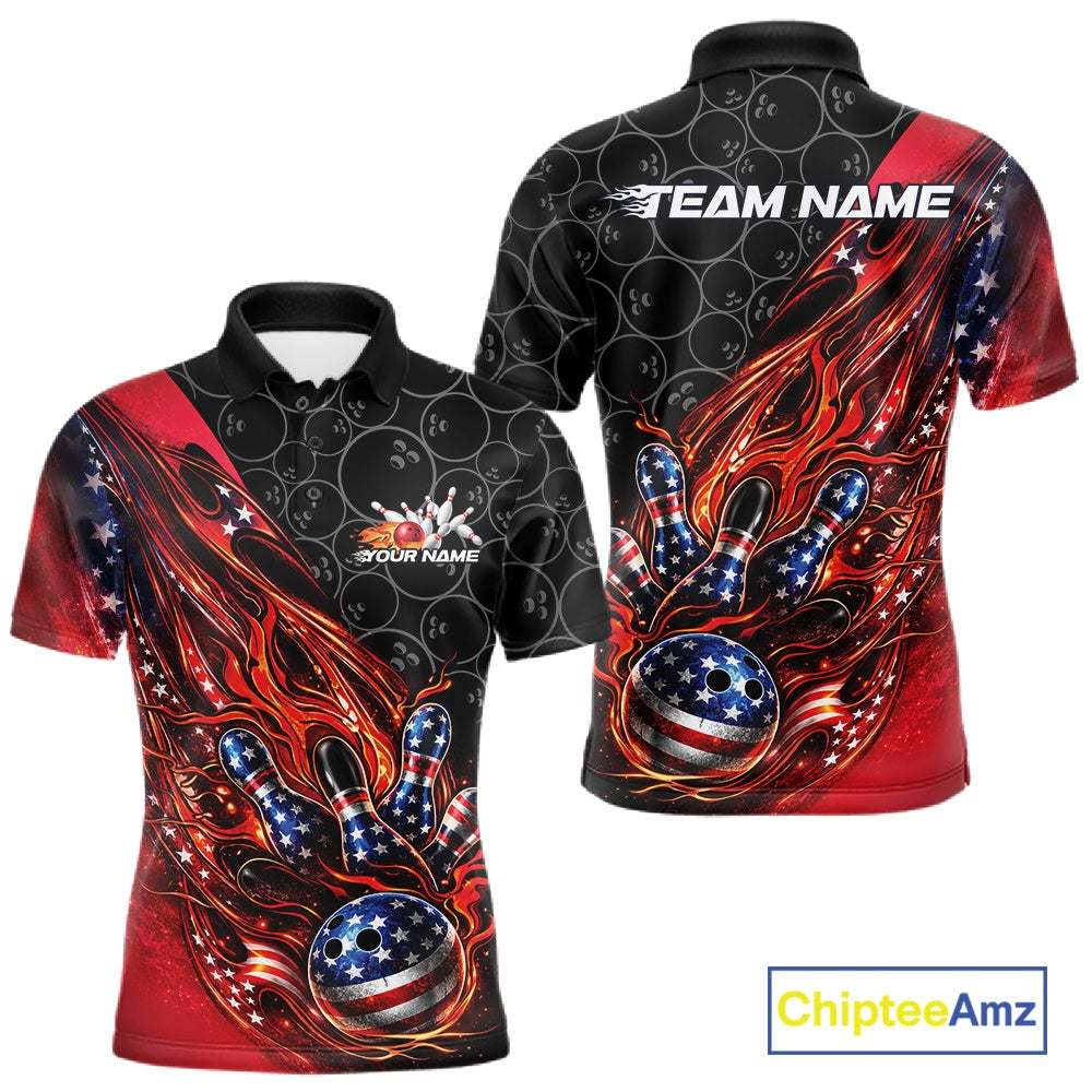 Custom Patriotic Flame Bowling Shirts, American US Flag Bowling Team Jerseys Freedom 4Th Of July Bowling Shirt IPHW10427