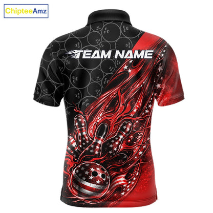 Custom Patriotic Red Flame Bowling Shirts, US Flag Bowling Team Jerseys Freedom 4Th Of July Bowling Shirt IPHW10428