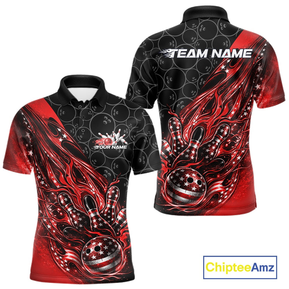 Custom Patriotic Red Flame Bowling Shirts, US Flag Bowling Team Jerseys Freedom 4Th Of July Bowling Shirt IPHW10428