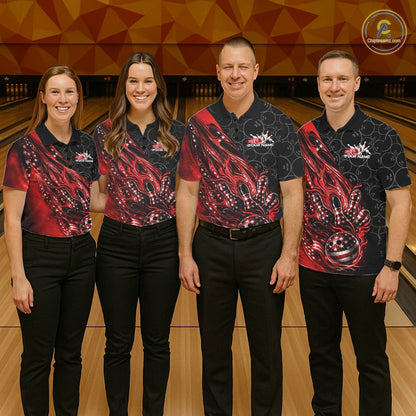 Custom Patriotic Red Flame Bowling Shirts, US Flag Bowling Team Jerseys Freedom 4Th Of July Bowling Shirt IPHW10428