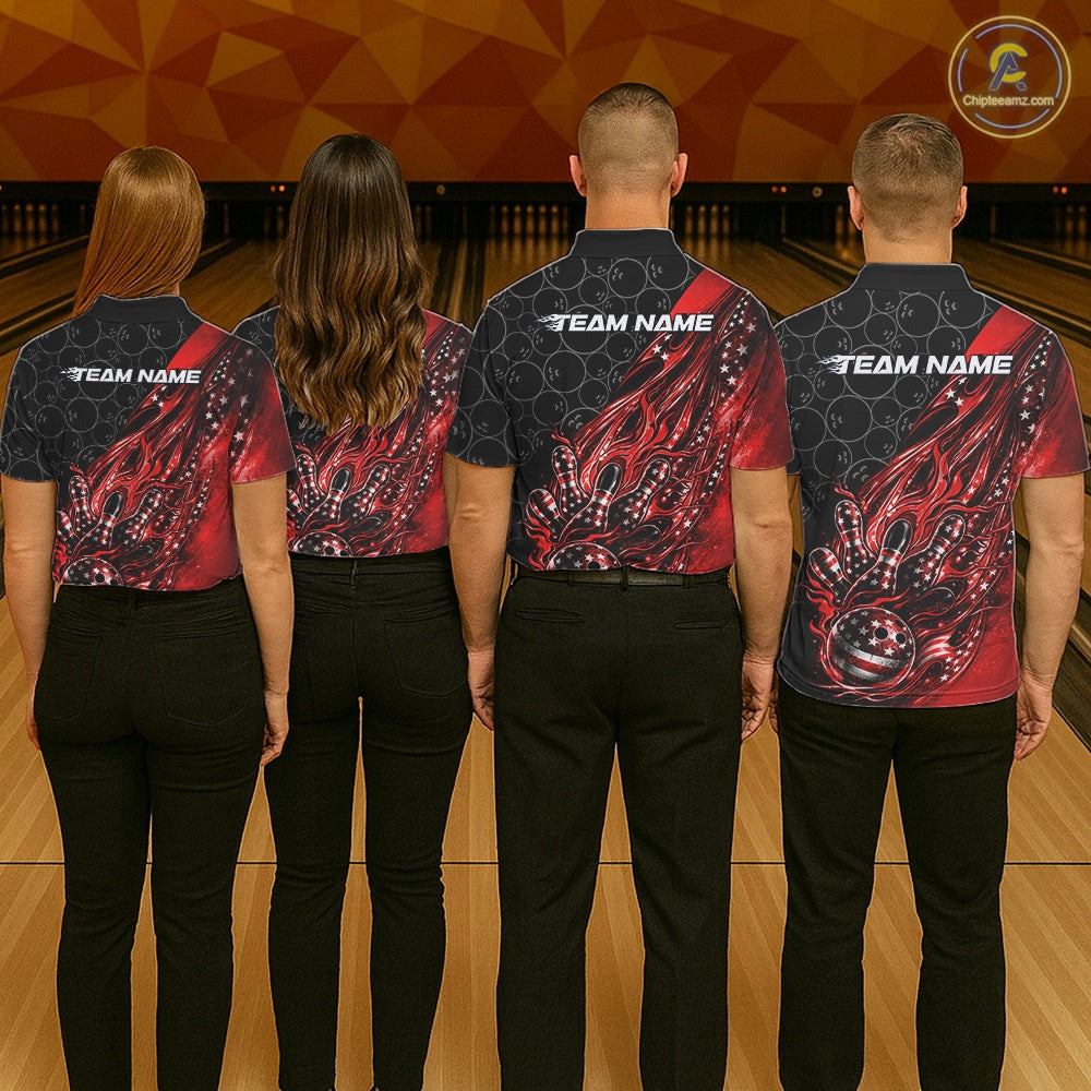 Custom Patriotic Red Flame Bowling Shirts, US Flag Bowling Team Jerseys Freedom 4Th Of July Bowling Shirt IPHW10428