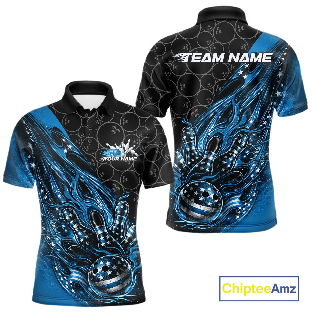 Custom Patriotic Blue Flame Bowling Shirts, US Flag Bowling Team Jerseys Freedom 4Th Of July Bowling Shirt IPHW10429