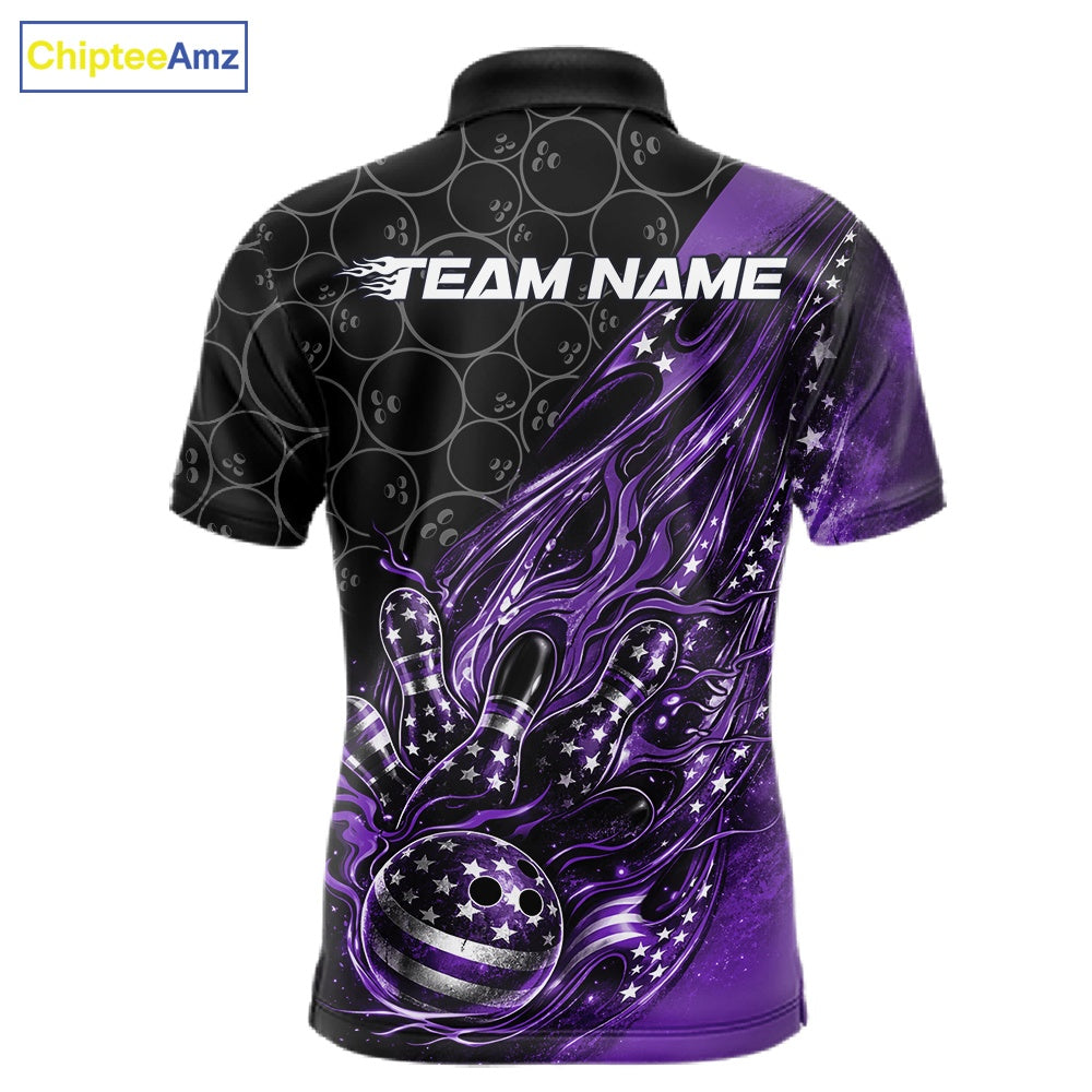 Custom Patriotic Purple Flame Bowling Shirts, US Flag Bowling Team Jerseys Freedom 4Th Of July Bowling Shirt IPHW10430