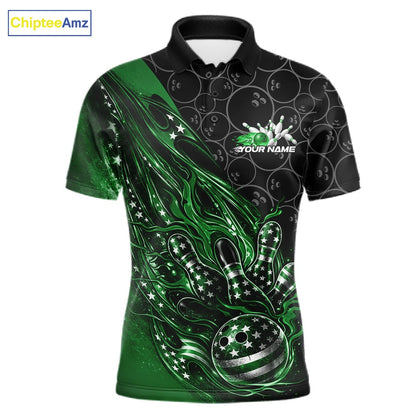 Custom Patriotic Green Flame Bowling Shirts, US Flag Bowling Team Jerseys Freedom 4Th Of July Bowling Shirt IPHW10431