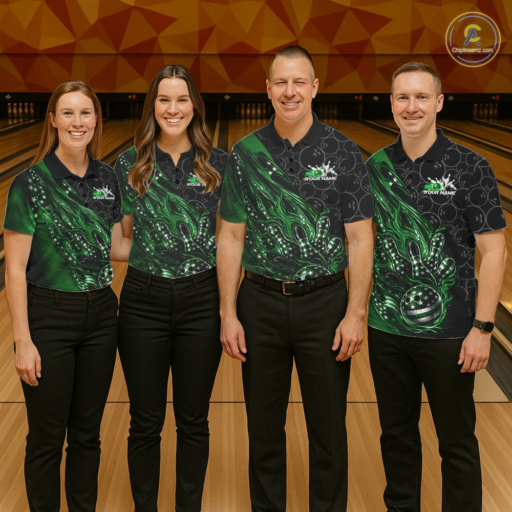 Custom Patriotic Green Flame Bowling Shirts, US Flag Bowling Team Jerseys Freedom 4Th Of July Bowling Shirt IPHW10431