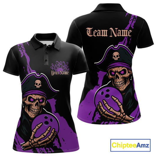 Custom Black And Purple Pirate Bowling Women Polo Shirt, Pirate Bowling Team Jerseys IPHW10708
