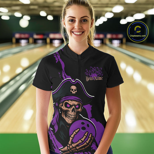 Custom Black And Purple Pirate Bowling Women Shirt, Pirate Bowling Team Jerseys IPHW10708