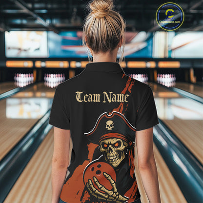 Custom Black And Orange Pirate Bowling Women Polo Shirt, Pirate Bowling Team Jerseys IPHW10709