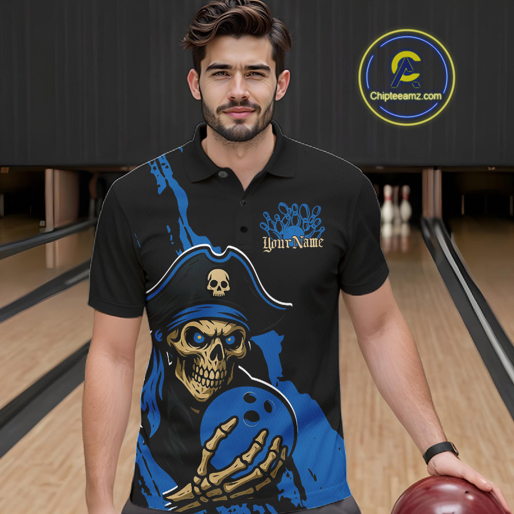 Custom Black And Blue Pirate Bowling Men Polo Shirt, Pirate Bowling Team Jerseys IPHW10710