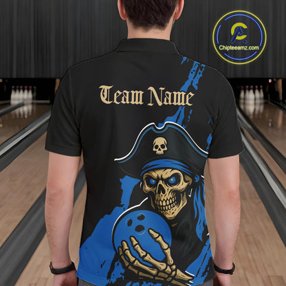 Custom Black And Blue Pirate Bowling Men Polo Shirt, Pirate Bowling Team Jerseys IPHW10710