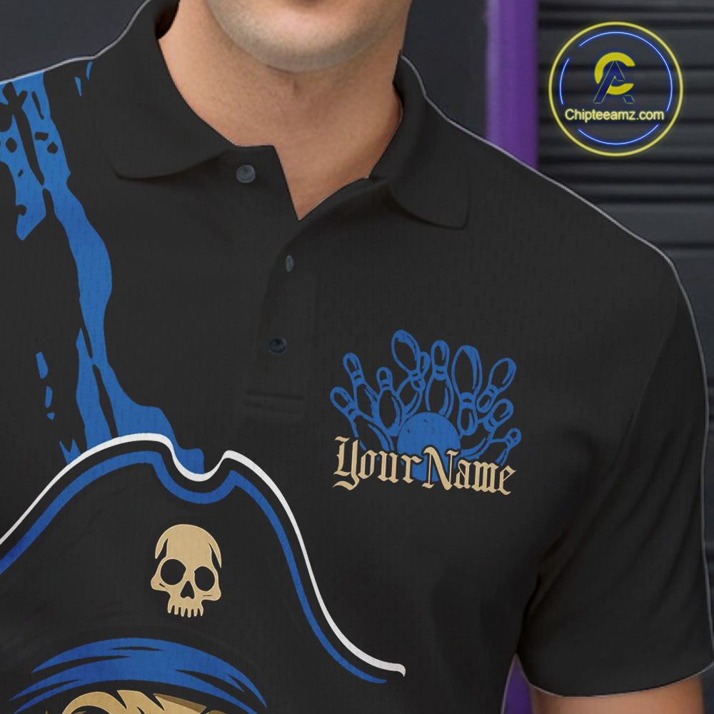Custom Black And Blue Pirate Bowling Men Polo Shirt, Pirate Bowling Team Jerseys IPHW10710