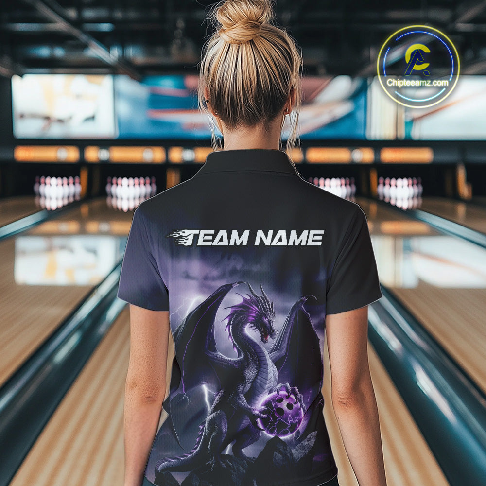 Custom Black And Purple Thunder Lightning Dragon Bowling Women Polo Shirts, Team Outfit IPHW9098