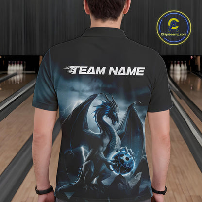 Custom Black And Blue Thunder Lightning Dragon Bowling Men Polo Shirts, Team Outfit IPHW9099