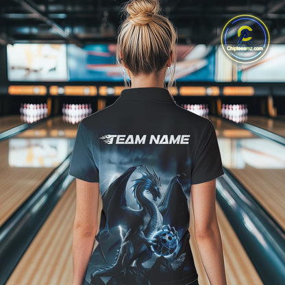 Custom Black And Blue Thunder Lightning Dragon Bowling Women Polo Shirts, Team Outfit IPHW9099