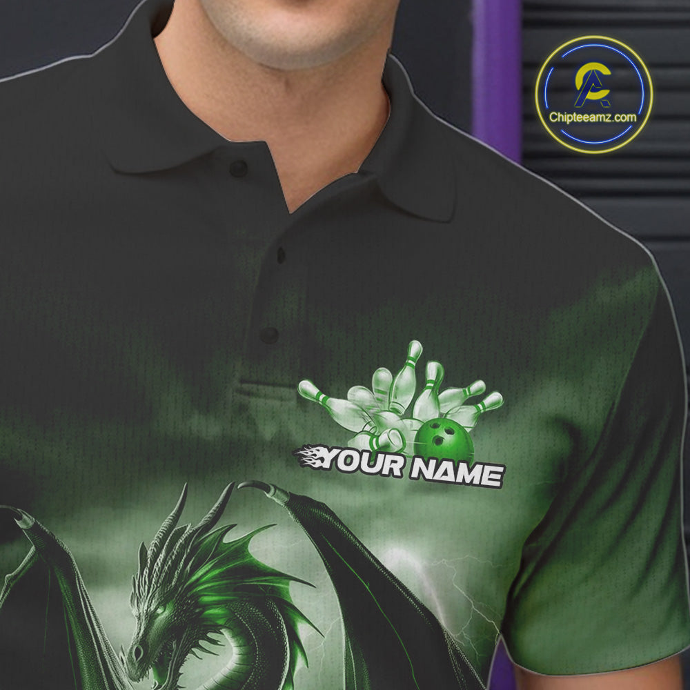 Custom Black And Green Thunder Lightning Dragon Bowling Men Polo Shirts, Team Outfit IPHW9100