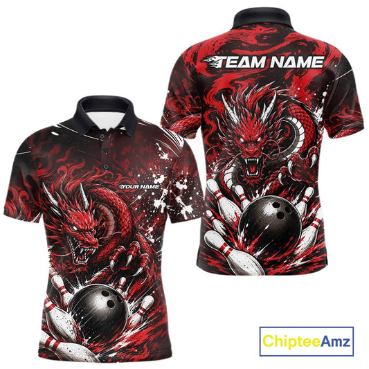 Red and black dragon-themed polo shirt with 'Team Name' and 'Your Name' text on a white background.