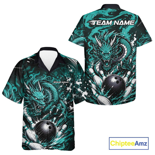 Teal bowling shirt with dragon design on a white background, featuring 'Chiptee Amz' branding.