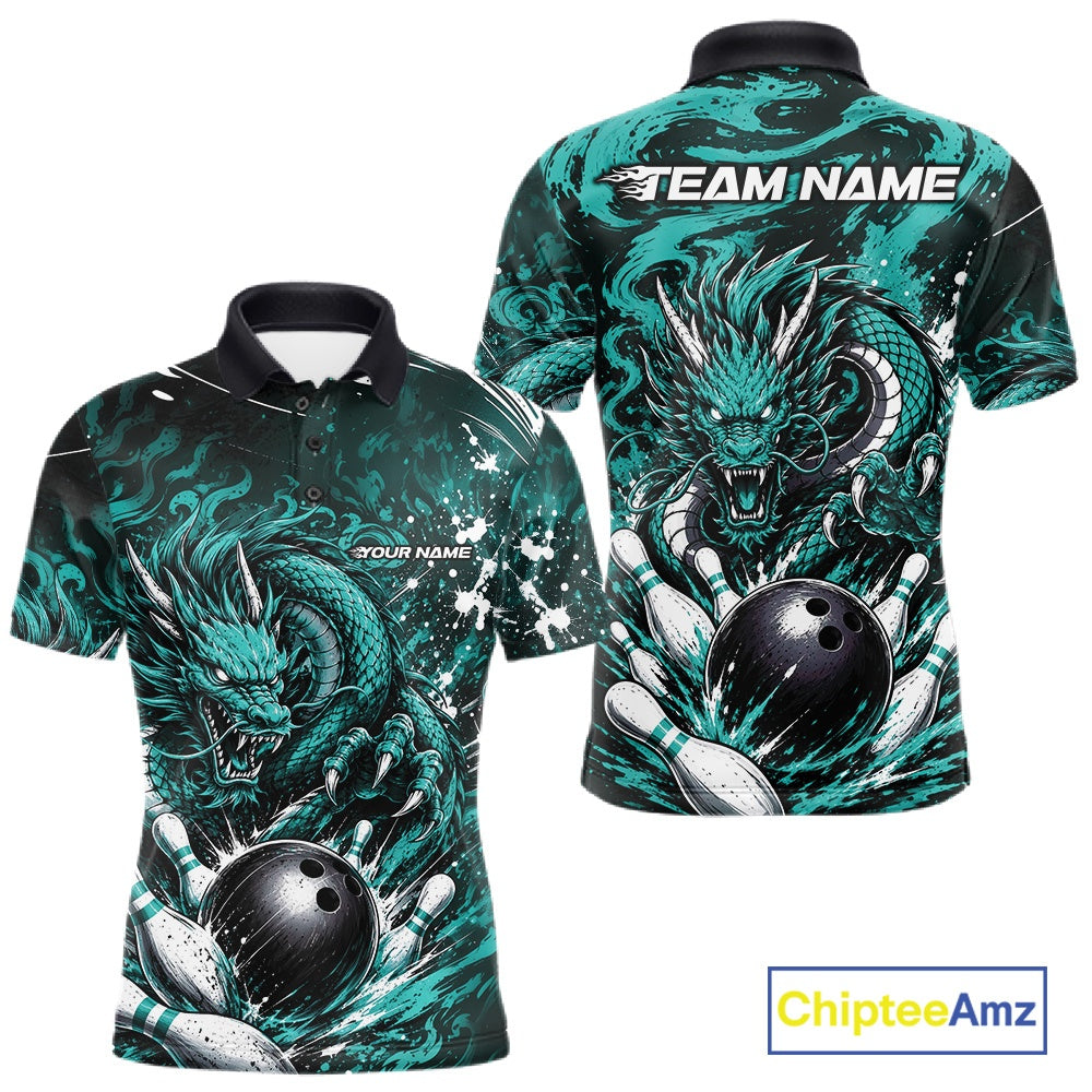 Teal and black dragon-themed polo shirt with 'Team Name' and 'Your Name' text on a white background.